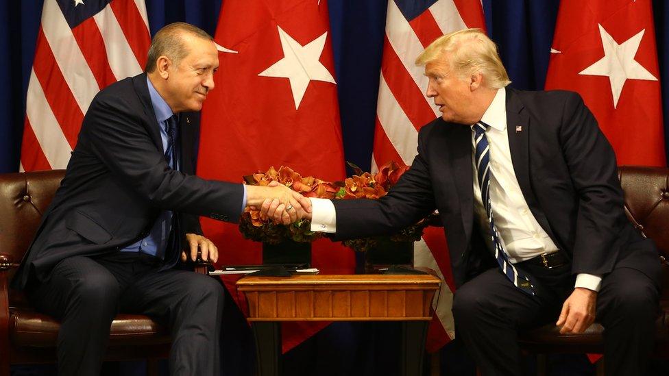 US President Donald Trump shakes hands with Turkish President Tayyip Erdogan.