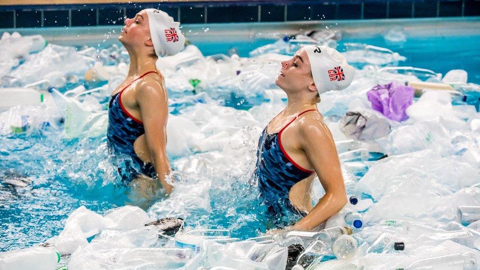 Handout photo dated 05/03/19 issued by The Big Bang Fair of British Synchronised swimmers Kate Shortman and Isabelle Thorpe, who attempt to recreate their World Championship routine in a pool filled with plastic