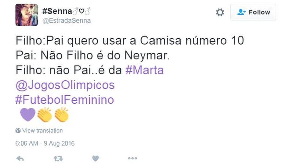 Screengrab of a tweet by @EstradaSenna reading: "Son: 'Dad, I want to wear the number 10 jersey.' Father: 'No, son, that's Neymar's.' Son: 'No, dad...it's Marta's'."