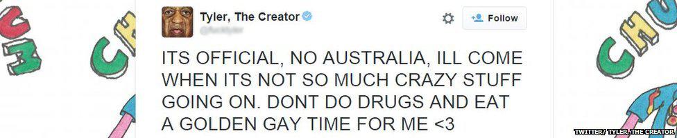 tyler the creators tweet about not going to Australia