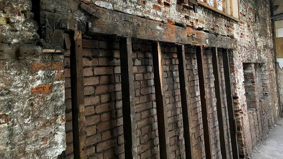 Wooden beams inside the old Palmers building