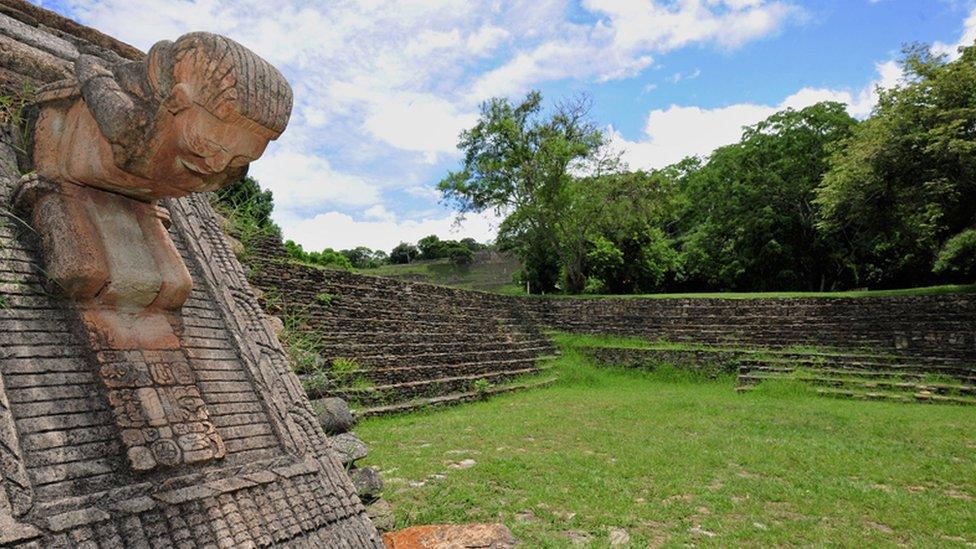 View of the ballcourt at the Toniná archaeological site