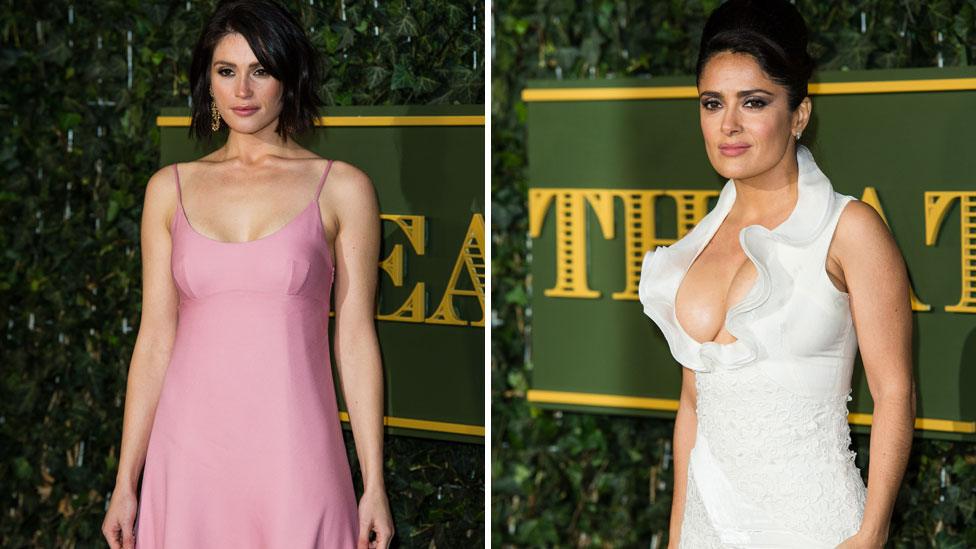 Gemma Arterton (left) was named best newcomer in a musical and Salma Hayek (right) presented an award to the V&A's Alexander McQueen exhibition