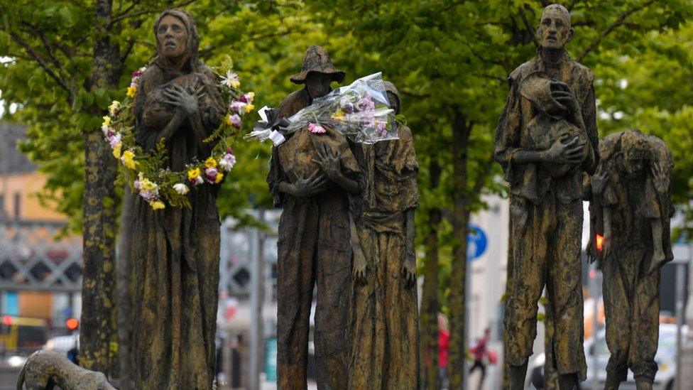 The Famine Memorial sculptures on Customs House Quays in Dublin