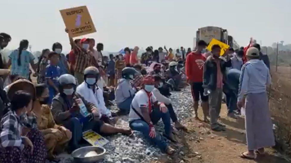 Protesters opposed to the military coup block the railway between Yangon and the southern city of Mawlamyine, Myanmar February 16, 2021 i