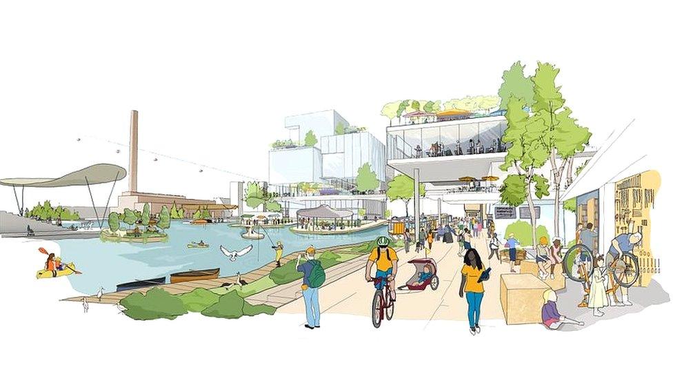 Smart city sketch shows a cyclist riding alongside a canal