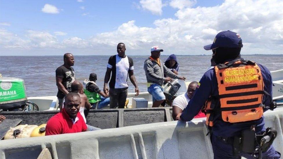 A handout photo made available by the Colombian Navy showing a rescue group participating in the search for the missing persons after the collision of two artisanal boats, in Tumaco, Colombia, 01 February 2021