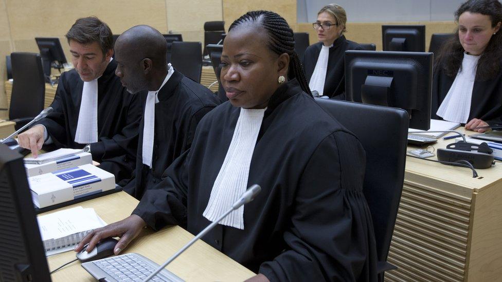 Chief Prosecutor Fatou Bensouda (R) appears during the case against Congolese militia leader Bosco Ntaganda at the International Criminal Court in The Hague