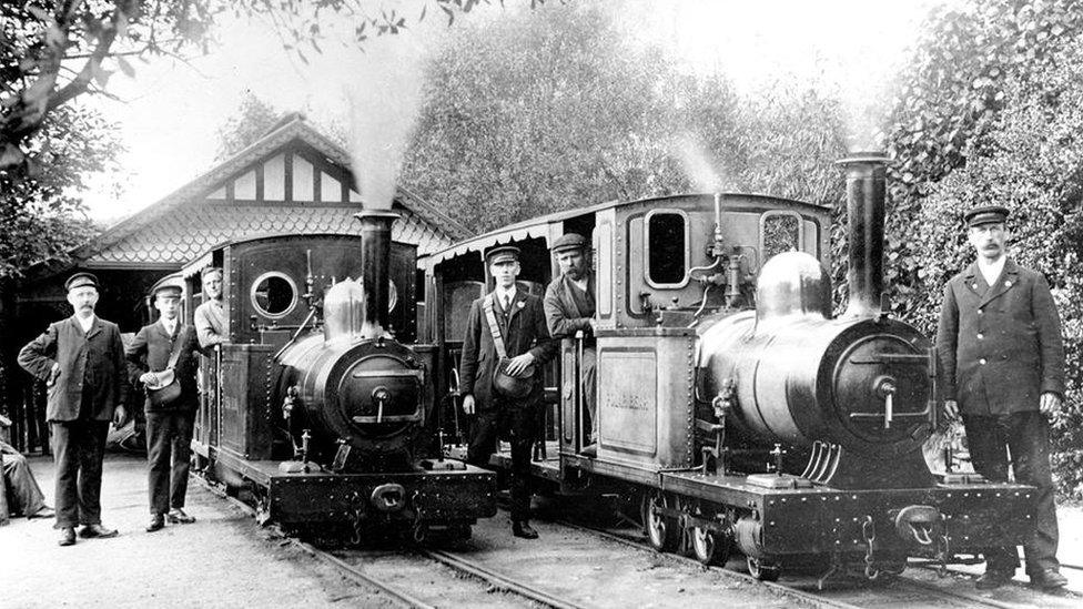 Old photograph of steam engines Sea Lion and Polar Bear side-by-side