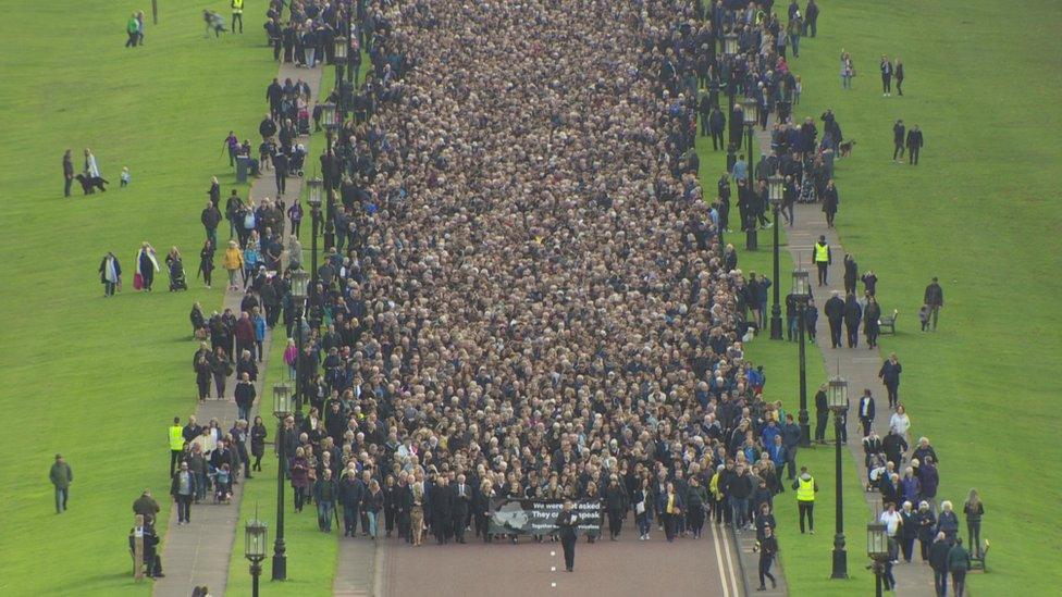 Protesters walking towards Stormont