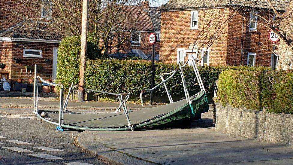 A trampoline blown into the street in Fenham