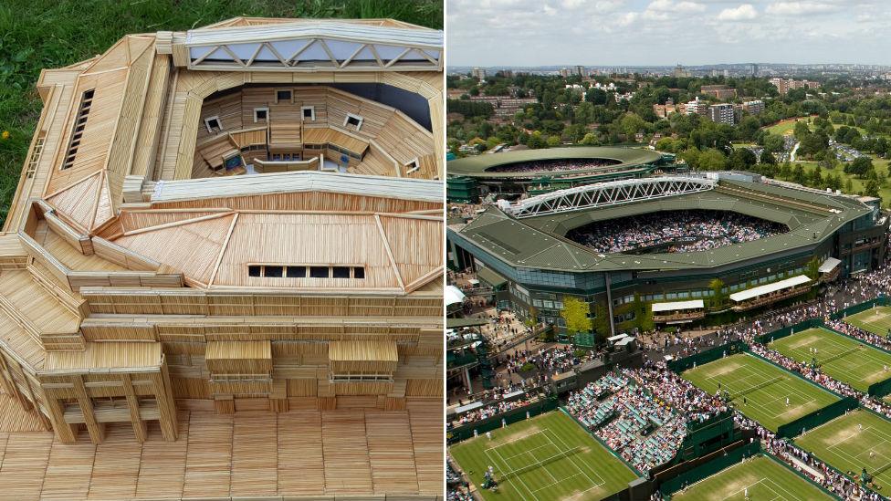 Toothpick replica of Wimbledon and the real Wimbledon