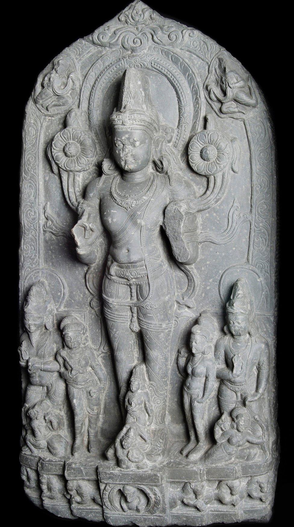 Stele carved from black chlorite representing Surya, the Hindu deity of the sun