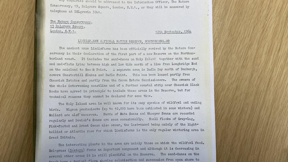 A picture of a press release announcing the designation of the Lindisfarne National Nature Reserve in 1964