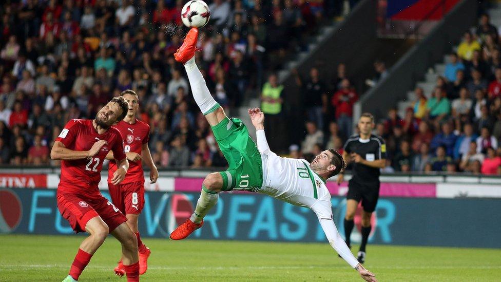 Kyle Lafferty with an acrobatic effort during the Group C World Cup qualifier