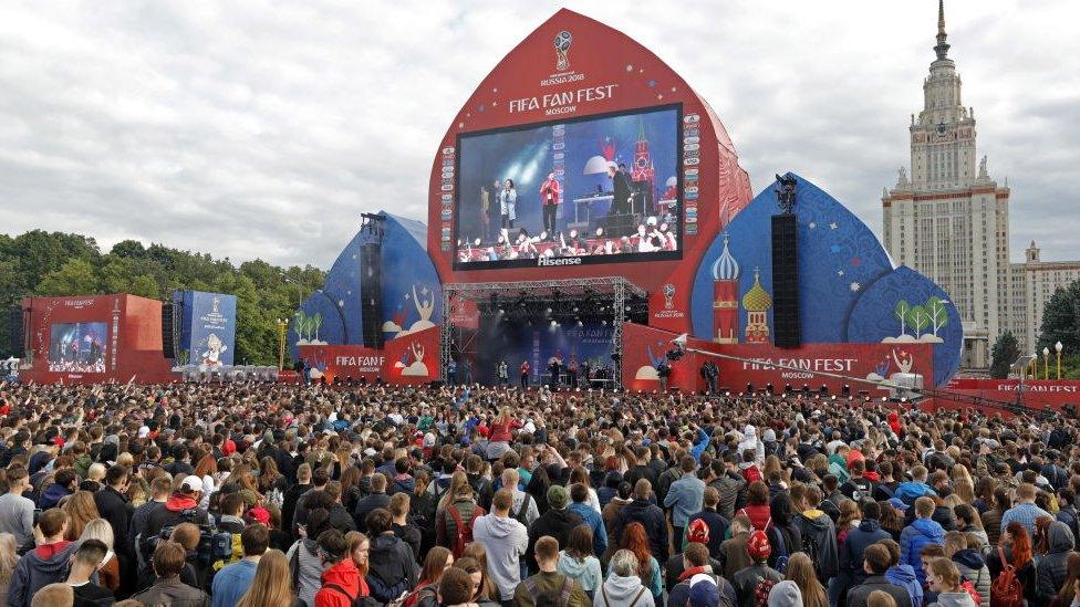 People attend the opening of the FIFA Fan Fest on Vorobyovy Gory (Sparrow Hills) ahead of the 2018 FIFA World Cup.