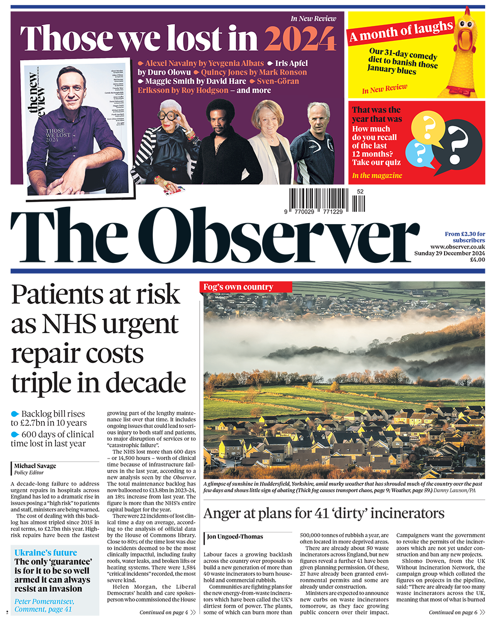 The Observer headline reads: "Patients at risk as NHS urgent repair costs triple in decade" 