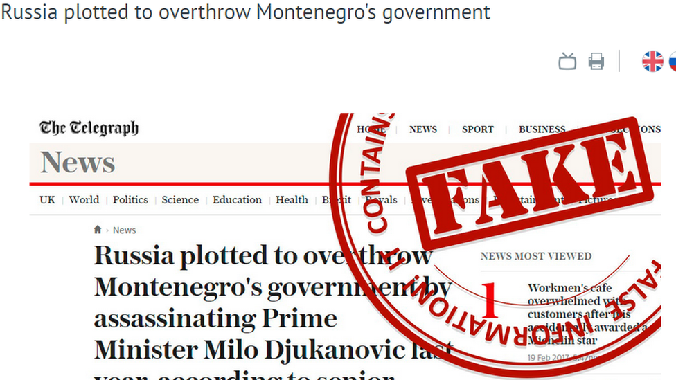 A headline from the Daily Telegraph about an alleged Russian plot to over throw Montenegro's government, listed as "fake" on the Russian Foreign Ministry website