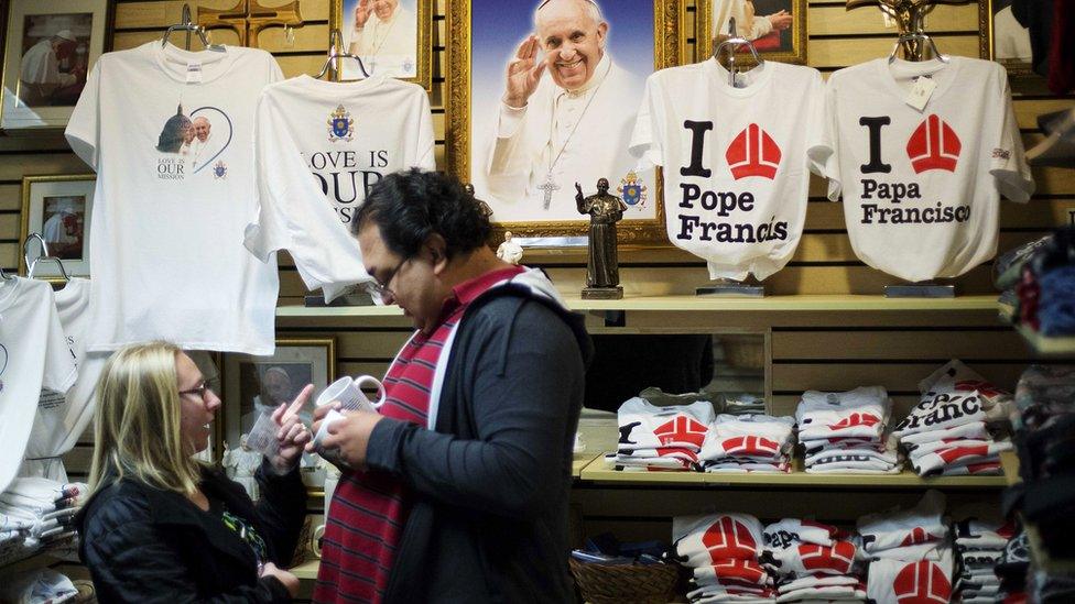 People with Pope gifts at the National Shrine of the Immaculate Conception in Washington on 21 September 2015