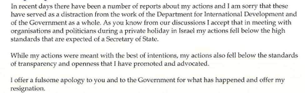 Extract from Priti Patel's resignation letter