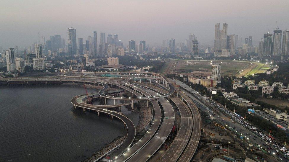 A drone view of the construction work of the upcoming coastal road in Mumbai, India, March 7, 2024.