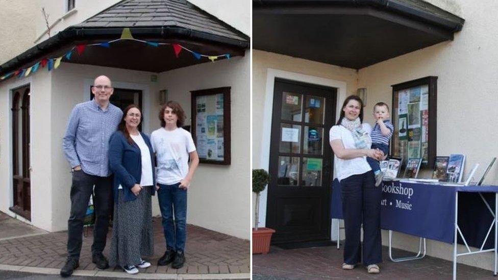 Angela and Ben Pickard in 2012 outside of of the Bridge Bookshop and again in 2022 with Harry Pickard