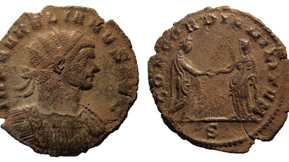 Copper alloy coin of Aurelian, Roman hoard, Huntingdon