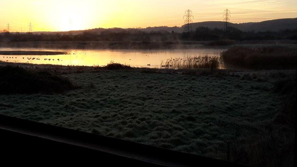 A sunset picture of a lake with birds