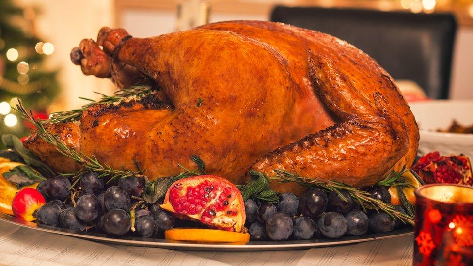 Roast turkey laid on a plate with pomegranate and grapes