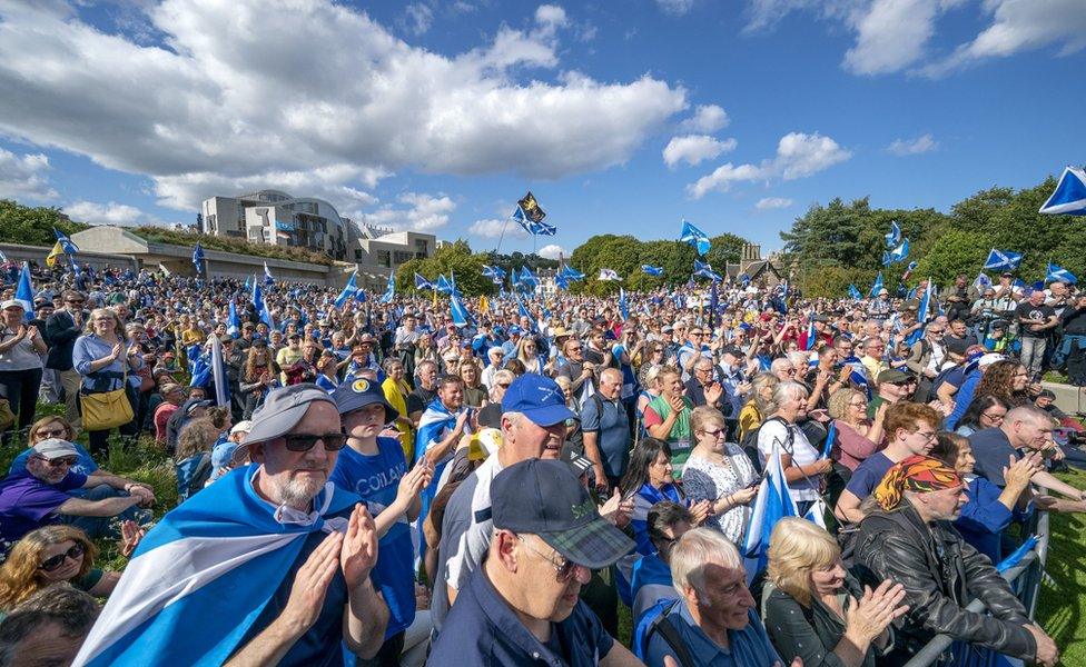 Crowd gathered outside the Scottish Parliament