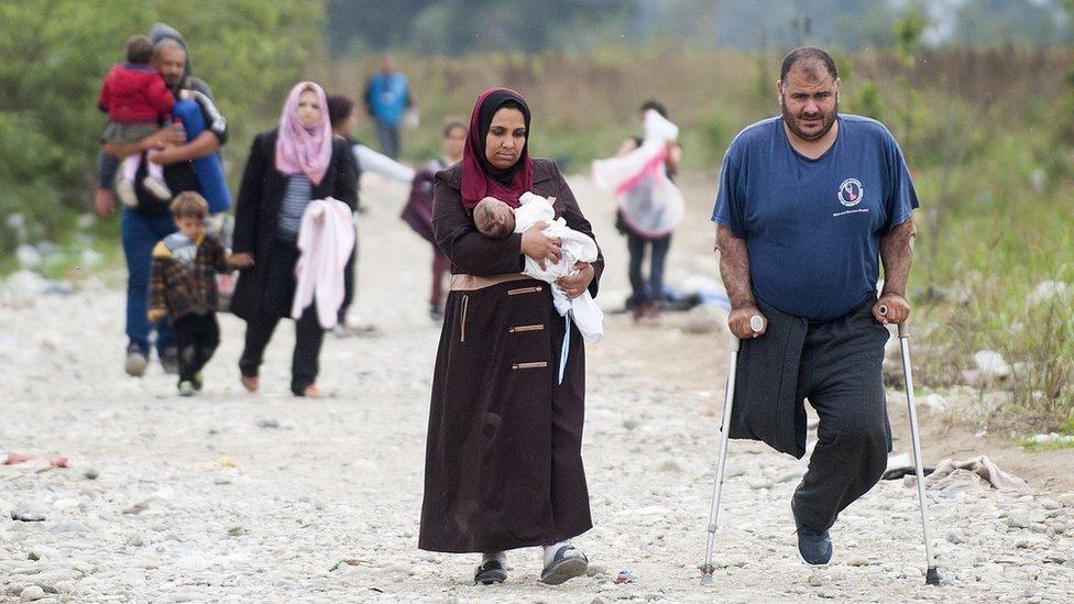 Migrants and refugees cross the Greek-Macedonian border near Gevgelija (19 October 2015)