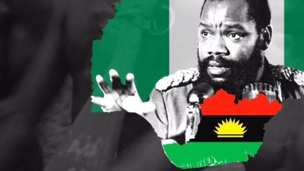 Biafran leader Colonel Odumegwu Ojukwu transposed onto map of Nigeria and Biafra