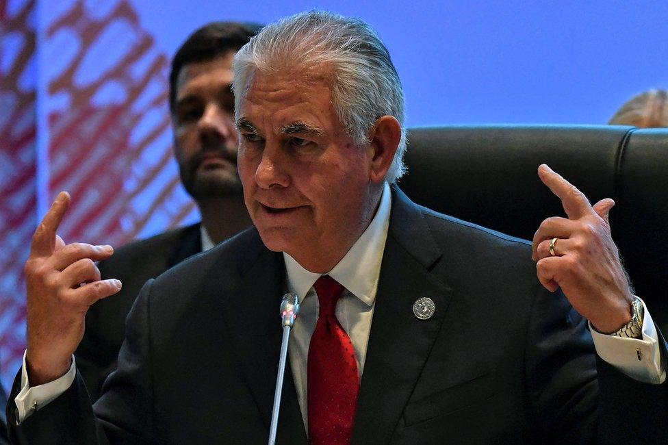 U.S. Secretary of State Rex Tillerson gestures before the 10th Lower Mekong Initiative Ministerial Meeting, part of the Association of Southeast Asian Nations (ASEAN) regional security forum in Manila, Philippines 6 August 2017.