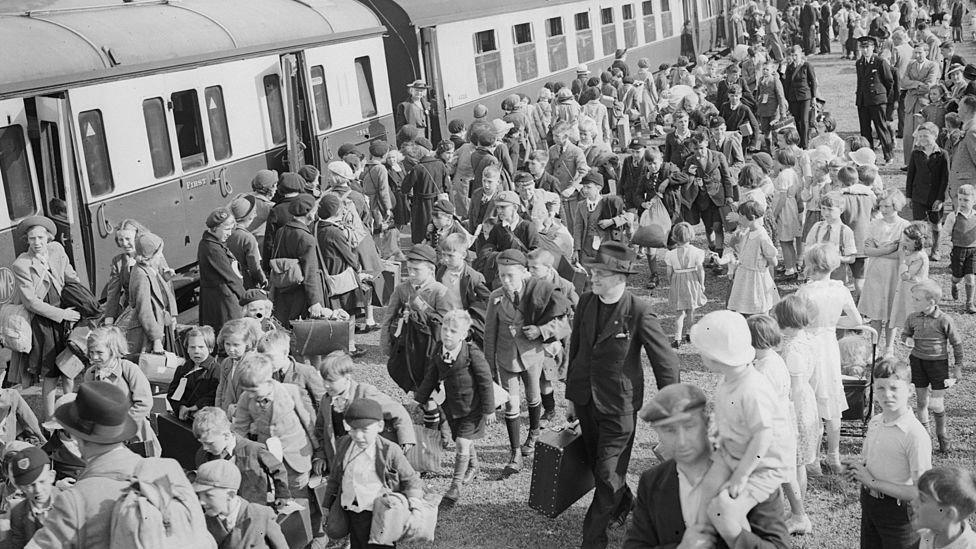 Evacuees arriving at a railway station in South Wales on 3rd June 1940