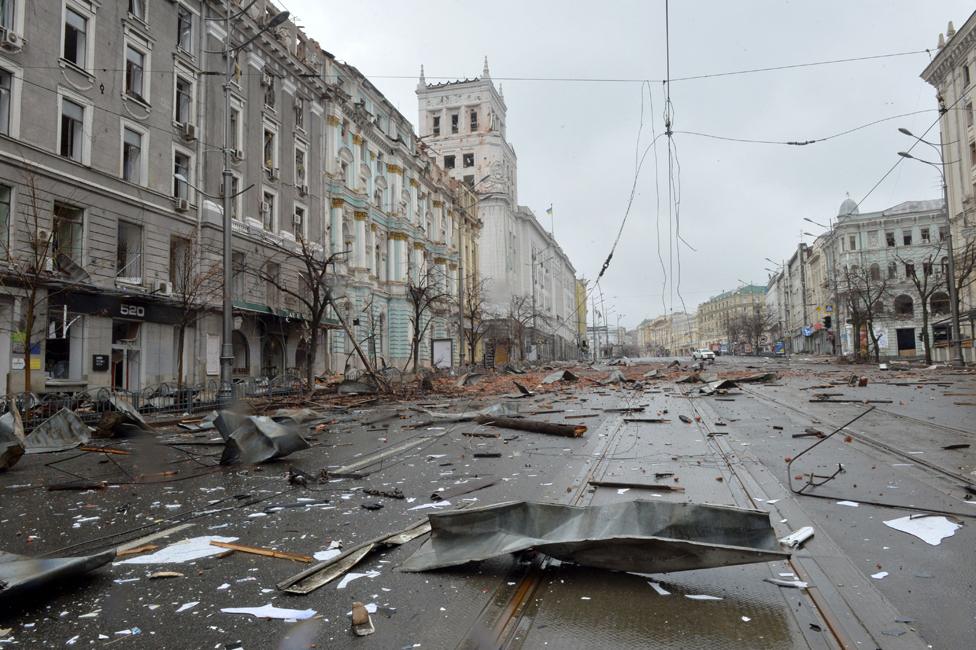 A picture shows damage after the shelling by Russian forces of Constitution Square in Kharkiv, Ukraine. Photo: 2 March 2022