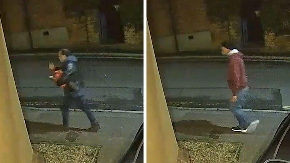 Two CCTV images captured from the same camera in the same position. On the left, Richard Langley is visible, wearing a black jacket and jeans, walking to the left of shot, up a residential street at night. On the right is Horswill in a red hoodie and black beanie, walking in the same direction moments later