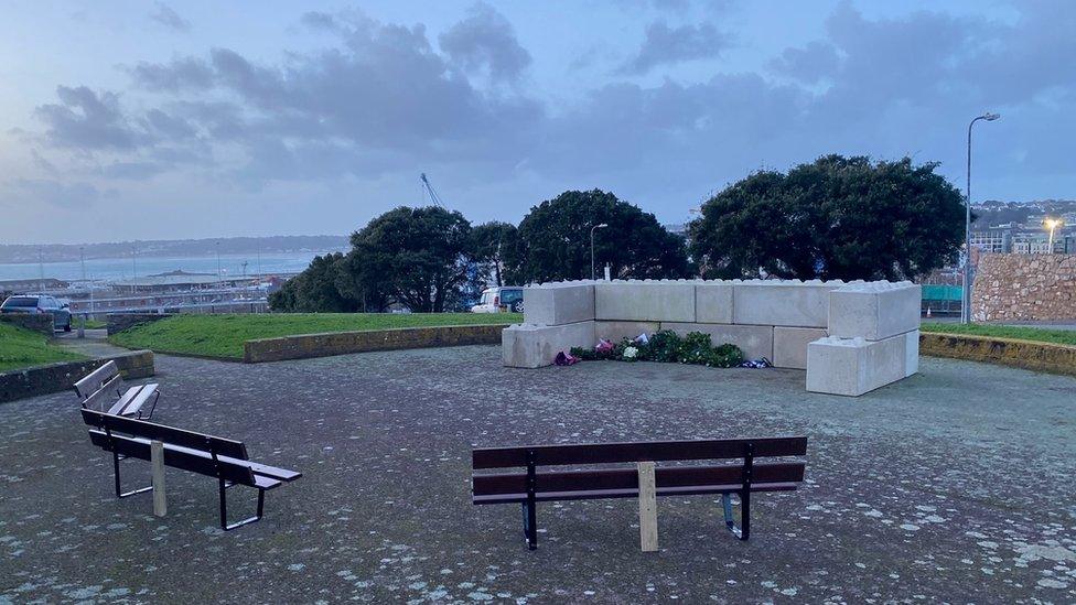 Benches at memorial site in Jersey