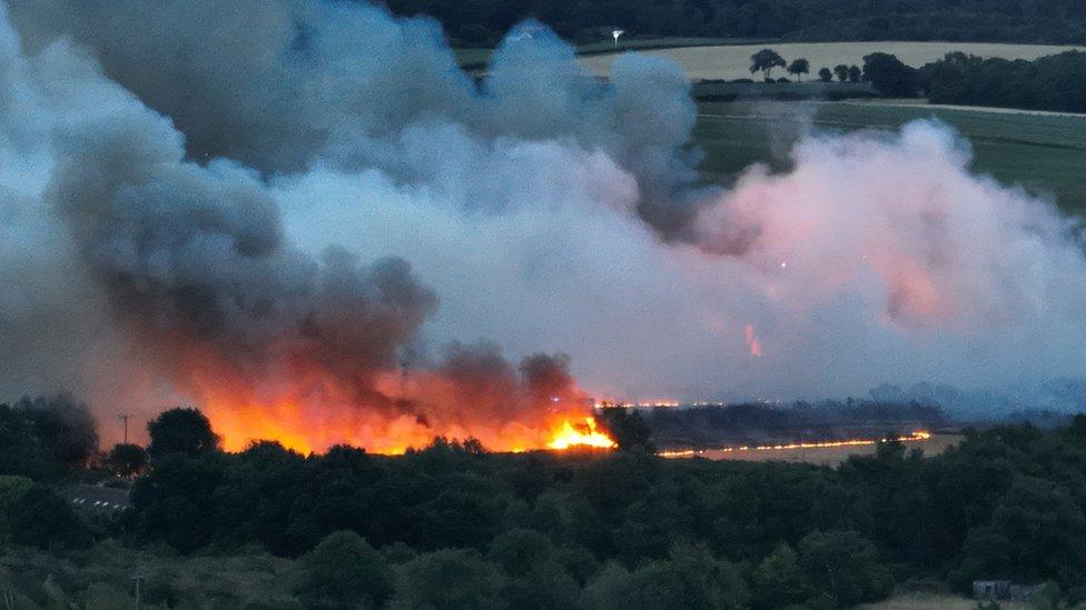 Drone image of fire at Knodishall Common