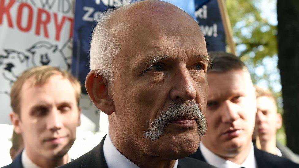 Polish right-wing politician and European Parliament member Janusz Korwin-Mikke talks to reporters in front of the Polish parliament building in Warsaw