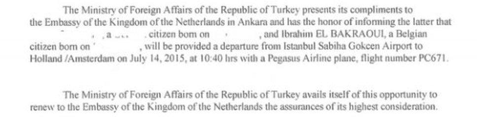 A note sent by the Turkish foreign ministry to its embassy in Ankara on 15 July