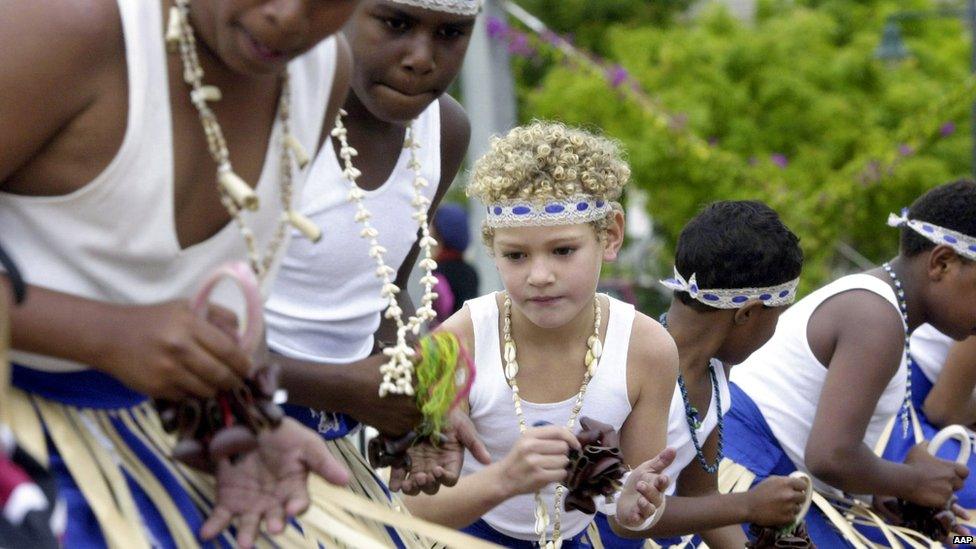 Young Torres Strait Islanders performing a traditional dance