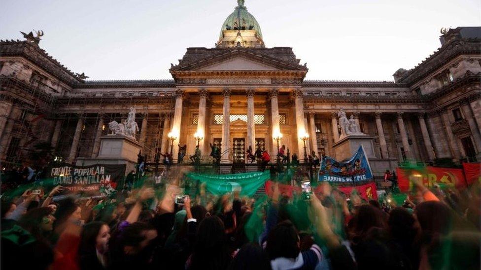 Activists with green handkerchiefs, which symbolises the abortion rights movement, demonstrate to mark the revival of their campaign to legalise abortion, in front of the National Congress in Buenos Aires, on May 28, 2019