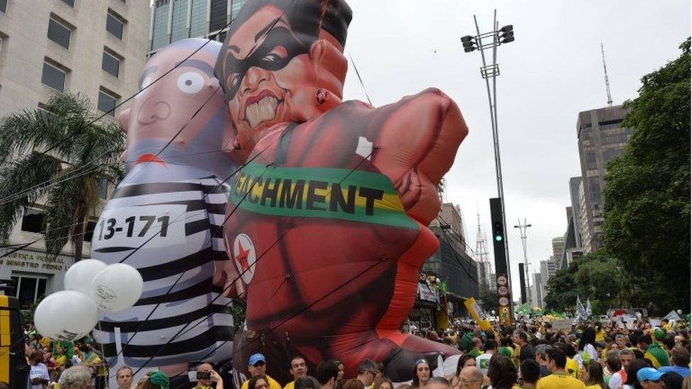 Demonstrators protest against Brazilian President Dilma Rousseff and the ruling Workers' Party (PT) at Paulista Avenue in Sao Paulo, Brazil on March 13, 2016.