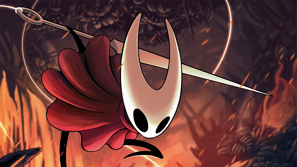 A sketch shows Hornet, the main character of Silksong, jumping in the air and striking at a foe with her needle-shaped weapon. Flames burn around her, casting an orange glow on her red cape and white, horned mask.