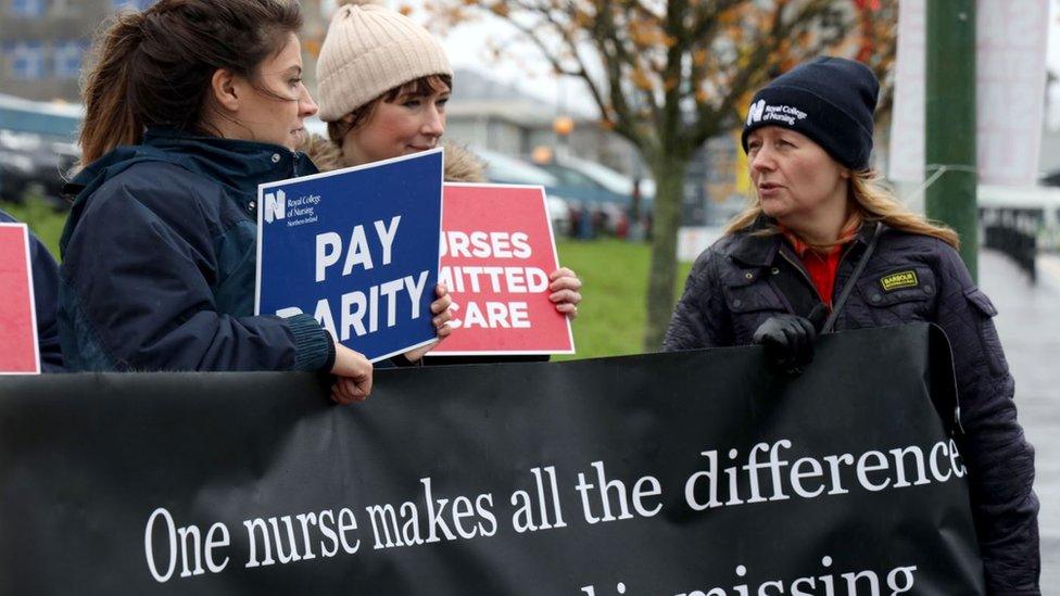 Nurses, healthcare assistants and RCN staff protesting outside the Ulster Hospital