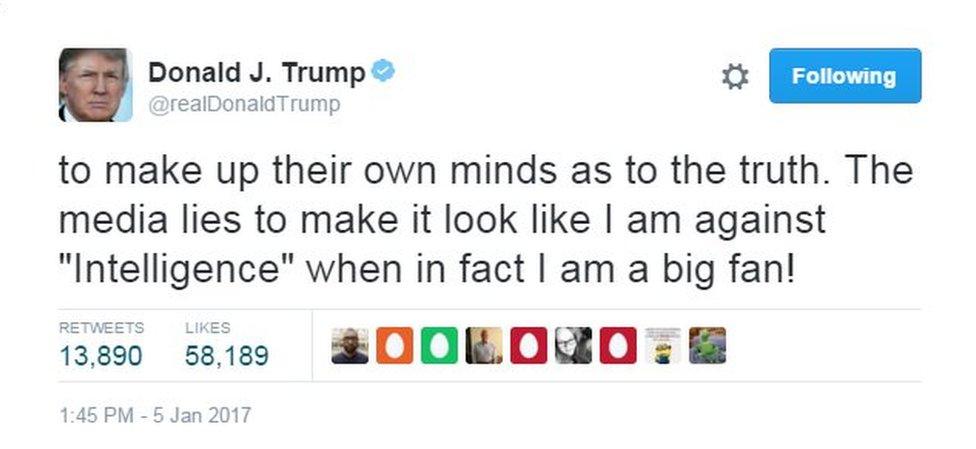 Donald Trump tweet: to make up their own minds as to the truth. The media lies to make it look like I am against "Intelligence" when in fact I am a big fan!