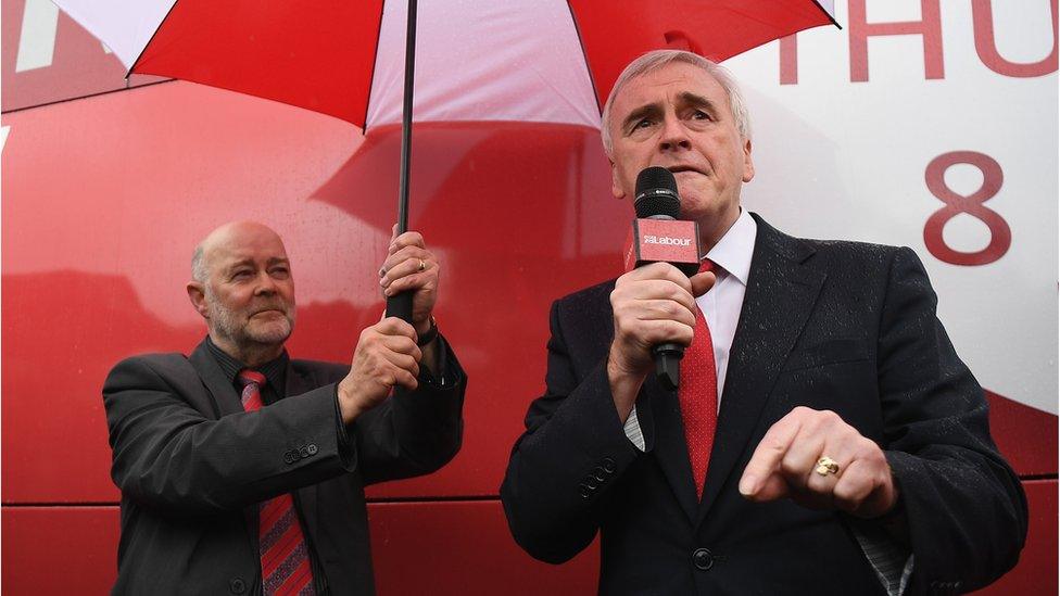 John McDonnell, Labour's shadow chancellor, campaigning in the rain