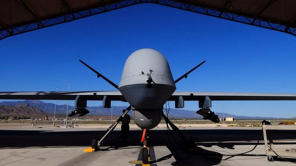 US Air Force MQ-9 Reaper drone sits in a hanger at Creech Air Force Base