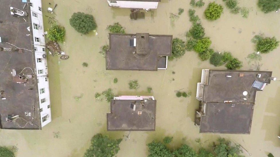 Aerial view of flooding in Nanling, Anhui Province in China