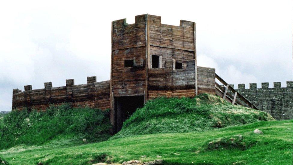 Reconstructed Roman gate and watchtower at Vindolanda on Hadrian's wall